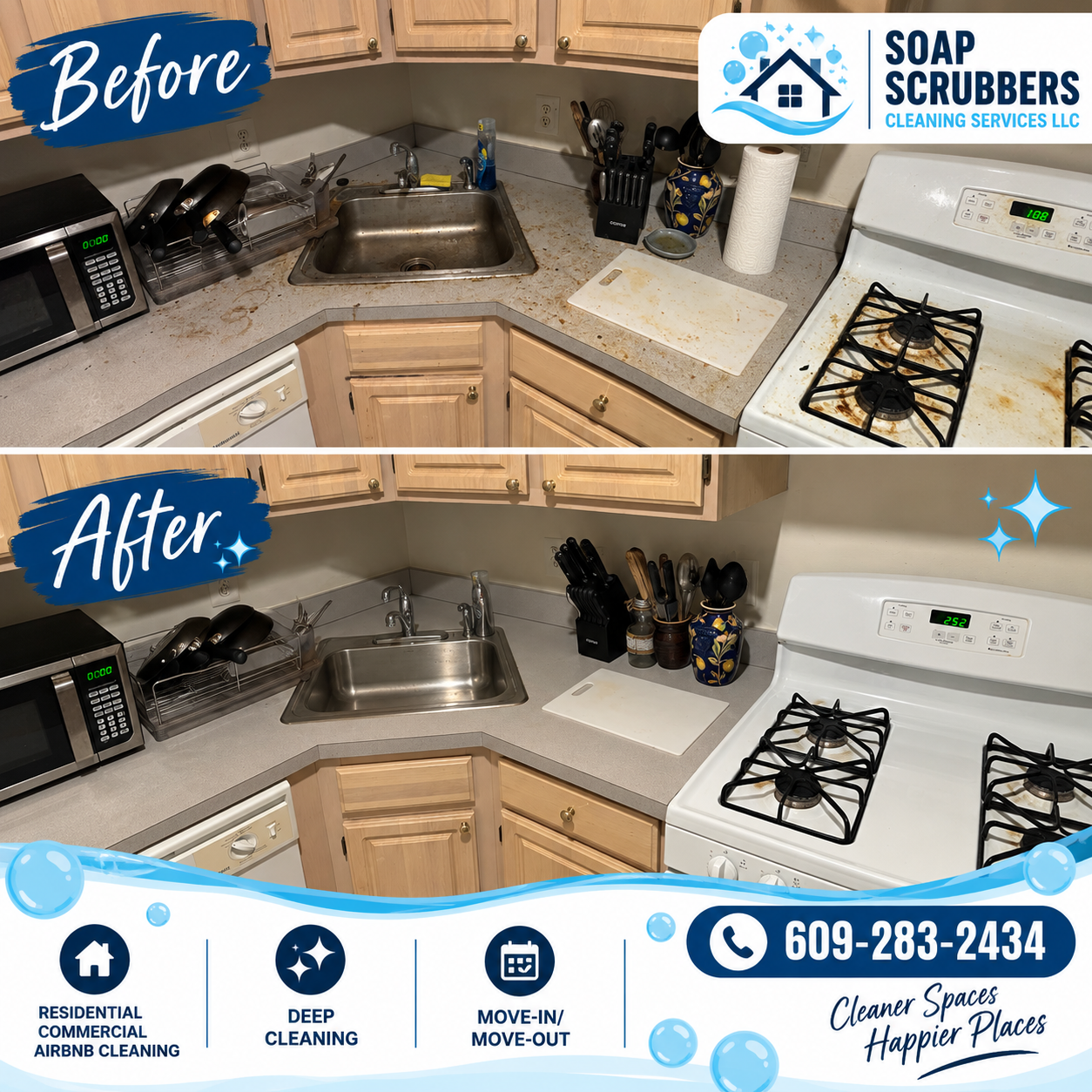 Before and after kitchen deep cleaning by Soap Scrubbers Cleaning Services