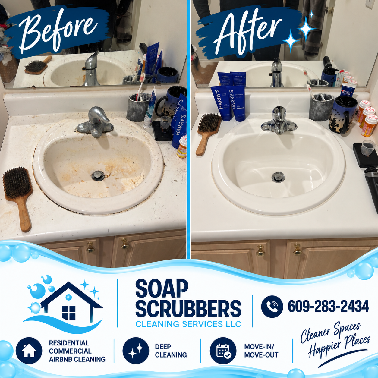 Before and after bathroom sink cleaning by Soap Scrubbers Cleaning Services